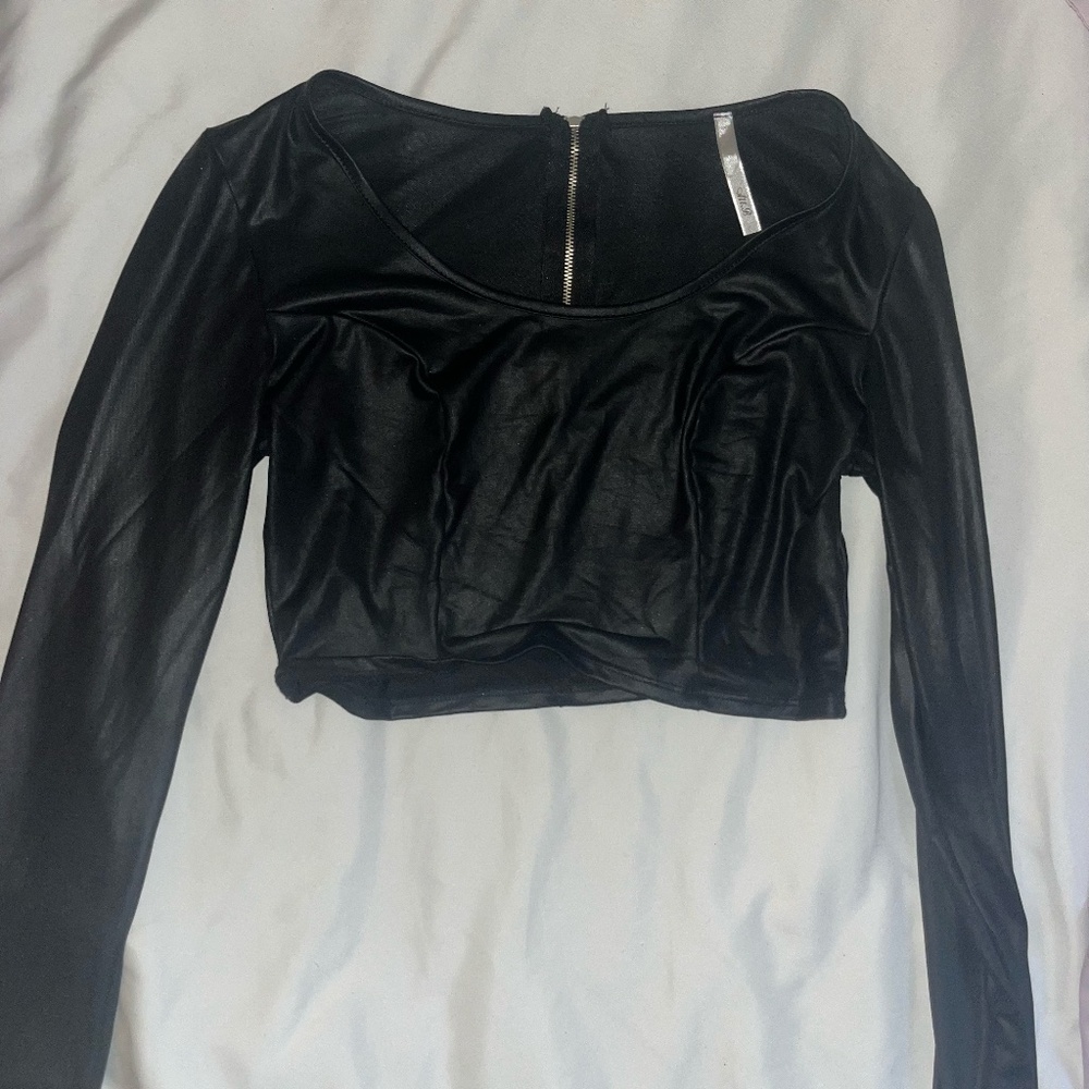Faux Leather cropped long sleeve top